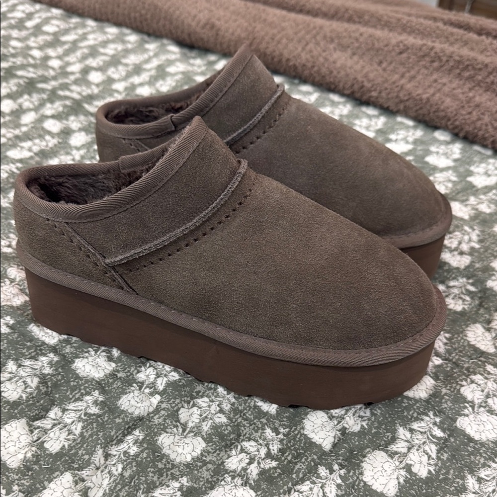 Brown Suede Platform Clogs.